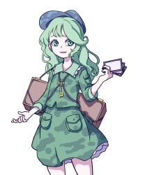 Rule 34 | 1girl, :d, absurdres, blue hat, box, camouflage, camouflage headwear, camouflage shirt, camouflage skirt, card, cowboy shot, eyebrows hidden by hair, flat cap, green eyes, green hair, green shirt, green skirt, hat, highres, holding, holding card, kame (kamepan44231), key, long hair, long sleeves, looking at viewer, one-hour drawing challenge, open mouth, pocket, shirt, skirt, smile, solo, standing, touhou, yamashiro takane