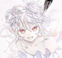 Rule 34 | 1girl, bare shoulders, collarbone, colored eyelashes, commentary, crown, dress, falling petals, fang, flower, graphite (medium), hair flower, hair ornament, highres, liquid hair, looking at viewer, marker (medium), milk crown on sonechka (vocaloid), off-shoulder dress, off shoulder, open mouth, pato (ptro), petals, red eyes, rose, short eyebrows, sidelocks, smile, solo, traditional media, upper body, vocaloid, white background, white dress, white flower, white hair, white rose, white theme