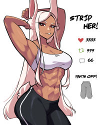 Rule 34 | 1girl, abs, absurdres, animal ears, armpits, arms up, bare shoulders, black pants, boku no hero academia, breasts, cleavage, dark-skinned female, dark skin, english text, female focus, highres, large breasts, like and retweet, long eyelashes, long hair, looking at viewer, meme, midriff, mirko, moi yablochki, muscular, muscular female, navel, nike (company), pants, parted bangs, parted lips, rabbit ears, rabbit girl, rabbit tail, red eyes, solo, sports bra, stomach, tail, twitter strip game (meme), very long hair, white background, white hair, white sports bra
