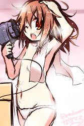 Rule 34 | 10s, 1girl, after bathing, armpits, brown hair, censored, convenient censoring, drying, drying hair, fang, hair dryer, highres, ikazuchi (kancolle), image sample, kantai collection, nanateru, open mouth, panties, short hair, solo, underwear, white panties