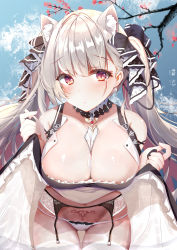 Rule 34 | 1girl, absurdres, animal ear fluff, animal ears, artist name, azur lane, bare shoulders, between breasts, black dress, blush, branch, breasts, cat ears, cat tail, cleavage, clothes lift, collarbone, commentary request, day, detached collar, dress, dress lift, earrings, eyelashes, fingernails, flashing, formidable (azur lane), frilled dress, frills, garter belt, gluteal fold, grey hair, groin, hair ribbon, highres, jewelry, kemonomimi mode, large breasts, leaning forward, lifting own clothes, long hair, long sleeves, looking at viewer, navel, outdoors, panties, pubic tattoo, red eyes, ribbon, skirt hold, solo, stomach, stomach tattoo, tail, tattoo, twintails, two-tone dress, two-tone ribbon, underwear, very long hair, white panties, yue (qtxyjiang)