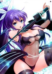 Rule 34 | 1girl, :o, bare shoulders, black thighhighs, blue eyes, bow, breasts, cleavage, cover, edamame, elbow gloves, fishnet top, fishnets, fuyunagi rindou, gloves, hair bow, highres, large breasts, long hair, looking at viewer, navel, ninja, ponytail, purple hair, see-through, solo, sword, thighhighs, weapon, yogakure