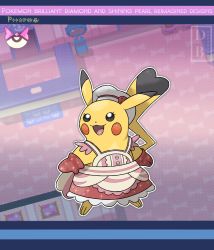 Rule 34 | :d, apron, black eyes, chef hat, clothed pokemon, commentary, copyright name, cosplay, creatures (company), dawn (palentine&#039;s 2021) (pokemon), dawn (pokemon), dawn (pokemon) (cosplay), dreambig, eyelashes, full body, game freak, gen 1 pokemon, happy, hat, highres, mittens, nintendo, no humans, open mouth, outline, oven mitts, pikachu, pokemon, pokemon (creature), pokemon masters ex, red mittens, smile, solo, tongue, watermark, white hat