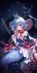 Rule 34 | 1girl, absurdres, blue eyes, blue hair, cape, commentary request, cosplay, crown, gloves, hands up, highres, holding, looking at viewer, maccha (mochancc), mahou shoujo madoka magica, mahou shoujo madoka magica (anime), miki sayaka, oktavia von seckendorff, oktavia von seckendorff (cosplay), parted lips, red ribbon, ribbon, short hair, solo, soul gem, white gloves, witch