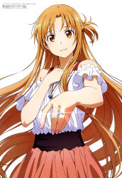 Rule 34 | 1girl, absurdres, asuna (sao), braid, brown eyes, brown hair, cleaned, crown braid, floating hair, highres, jewelry, long hair, looking at viewer, megami magazine, nail polish, necklace, off-shoulder shirt, off shoulder, ornate ring, parted lips, pink nails, red skirt, ring, shirt, short sleeves, simple background, skirt, smile, solo, standing, sword art online, very long hair, wedding ring, white background, white shirt, yokota takumi