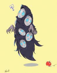 Rule 34 | ?, apple, artist name, bangle, black cloak, blank eyes, blue eyes, bracelet, ciriatto (ff14), claws, cloak, extra faces, final fantasy, final fantasy xiv, floating, food, fruit, full body, haisen, hands up, jewelry, monster, no humans, signature, simple background, solo, voidsent, yellow eyes