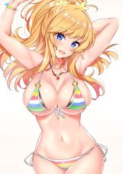 Rule 34 | 1girl, arm behind head, armpits, arms up, bare shoulders, bead bracelet, beads, bikini, blonde hair, blue eyes, blush, bracelet, breasts, cleavage, collarbone, commentary request, flower, front-tie top, hair flower, hair ornament, highres, hip focus, idolmaster, idolmaster cinderella girls, jewelry, large breasts, long hair, looking at viewer, navel, necklace, o-ring, o-ring bikini, ohtsuki yui, open mouth, ponytail, sankakusui, shiny skin, simple background, skindentation, smile, solo, striped bikini, striped clothes, swept bangs, swimsuit, wavy hair, white background