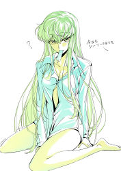 Rule 34 | 1girl, ?, absurdres, bag, bare legs, barefoot, between legs, breasts, brown eyes, c.c., cleavage, code geass, collarbone, dress shirt, food, green hair, hair between eyes, hand between legs, highres, limited palette, long hair, long sleeves, medium breasts, messy hair, mouth hold, naked shirt, okuseric, popsicle, shirt, simple background, sitting, sketch, solo, straight hair, very long hair, wariza, white background