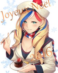 Rule 34 | 10s, 1girl, 2016, absurdres, belt, belt buckle, beret, blonde hair, blue eyes, blue hair, breasts, buckle, cake, cleavage, collarbone, commandant teste (kancolle), commentary request, enosan, fingernails, food, fork, french text, fruit, grin, hat, highres, holding, holding fork, kantai collection, long hair, long sleeves, looking at viewer, matching hair/eyes, medium breasts, merry christmas, multicolored clothes, multicolored hair, multicolored scarf, plate, red hair, revision, scarf, smile, snowflake background, solo, strawberry, translated, white background, white hair