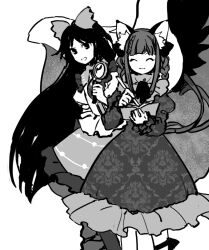 Rule 34 | 2girls, :3, animal ear fluff, animal ears, bow, braid, cat ears, cat tail, closed eyes, closed mouth, commentary request, dress, frilled dress, frilled shirt, frilled skirt, frilled sleeves, frills, greyscale, hair bow, highres, holding, holding magnifying glass, juliet sleeves, kaenbyou rin, kaigen 1025, long hair, long sleeves, magnifying glass, monochrome, multiple girls, multiple tails, neck ribbon, no nose, open mouth, puffy sleeves, reiuji utsuho, ribbon, shirt, simple background, skirt, smile, tail, touhou, twin braids, two tails, white background