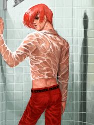 Rule 34 | 1boy, arm support, contrapposto, from behind, jewelry, looking back, male focus, pants, red eyes, red hair, red pants, ring, shirt, shower head, solo, standing, the king of fighters, tile wall, tiles, wet, wet clothes, wet hair, wet shirt, yagami iori