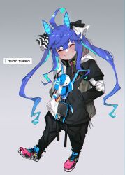 Rule 34 | 1girl, acronym (brand), ahoge, animal ears, aqua hair, black pants, blue hair, bow, cellphone, character name, closed eyes, collagen, commentary request, crossed bangs, earbuds, earphones, facing viewer, full body, grey background, grin, hair bow, hands in pockets, head tilt, highres, hood, hooded jacket, horse ears, horse girl, jacket, lanyard, leg up, long hair, multicolored clothes, multicolored footwear, multicolored hair, multicolored jacket, nike (company), nike air presto, pants, phone, phone with ears, sharp teeth, shoes, sidelocks, simple background, smartphone, smartphone case, smile, sneakers, solo, standing, standing on one leg, striped bow, stuffed animal, stuffed rabbit, stuffed toy, teeth, twin turbo (umamusume), twintails, two-tone hair, two-tone jacket, umamusume, very long hair