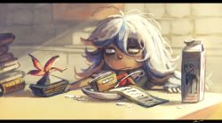 Rule 34 | 1girl, blue hair, book, bow, bowl, cereal, commentary, hair bow, hat, kamishirasawa keine, kitchen, koto inari, letterboxed, long hair, milk, scroll, silver hair, solo, spoon, table, touhou, unworn hat, unworn headwear