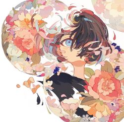 Rule 34 | 1other, androgynous, black shirt, blue eyes, brown hair, flower, hair over one eye, highres, ka (marukogedago), looking at viewer, one eye covered, original, parted lips, shirt, short hair, solo, upper body