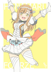 Rule 34 | 1girl, :d, absurdres, arm strap, armpits, arms up, black bow, bow, bowtie, breasts, brown hair, bunji, character name, gloves, hairband, highres, kamen rider, kamen rider fourze, kamen rider fourze (series), kunikida hanamaru, leg up, long hair, looking at viewer, love live!, love live! sunshine!!, medium breasts, miniskirt, open mouth, pleated skirt, rider-tan, sideboob, skirt, smile, solo, standing, standing on one leg, swept bangs, thighhighs, white gloves, white hairband, white skirt, white thighhighs, yellow eyes, zettai ryouiki