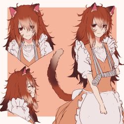 Rule 34 | 1girl, absurdres, animal ears, aochoku, apron, arm sling, bandaged arm, bandages, brown eyes, brown hair, cat, cowboy shot, closed eyes, fang, frilled apron, frilled shirt, frills, hair between eyes, highres, long hair, looking at viewer, multiple views, original, parted lips, personification, puffy short sleeves, puffy sleeves, scuffed, shirt, short sleeves, simple background, tail, tareme, white apron