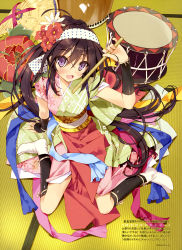 Rule 34 | 1girl, :d, absurdres, arm support, black socks, blush, detached sleeves, drum, drumsticks, feet, flower, from above, full body, hair flower, hair ornament, headband, highres, holding, indoors, instrument, japanese clothes, kimono, kneehighs, looking at viewer, looking up, no shoes, open mouth, original, polka dot, purple eyes, red flower, scan, sitting, smile, socks, solo, taiko drum, tatami, tsurusaki takahiro, wariza, white flower
