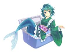 Rule 34 | 1girl, absurdres, blue hair, cooler, fins, hand up, head fins, highres, japanese clothes, kimono, looking at viewer, lying, mermaid, monster girl, obi, oninoko, sash, short hair, smile, solo, touhou, wakasagihime, water, wide sleeves