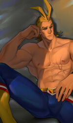 Rule 34 | 1boy, abs, absurdres, all might, black sclera, blonde hair, blue pants, boku no hero academia, bulge, closed mouth, collarbone, colored sclera, freesilverwind, grey background, highres, looking to the side, male focus, muscular, muscular male, navel, nipples, pants, pectorals, scar, scar on face, solo, spread legs, topless male