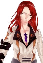 Rule 34 | 1boy, androgynous, bishounen, blouse, closed eyes, fate/grand order, fate (series), gyuunyuu (060828), long hair, male focus, open clothes, open shirt, red hair, scar, shirt, simple background, solo, tristan (fate), white background