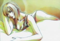 Rule 34 | 1girl, aya brea, blonde hair, blue eyes, breasts, camisole, cleavage, long hair, lying, nomura tetsuya, official art, on stomach, panties, parasite eve, solo, underwear, underwear only