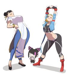 Rule 34 | 3girls, arms up, black hair, blonde hair, boots, brown hair, cammy stretch (meme), cammy white, candy, capcom, chibi, china dress, chinese clothes, chun-li, combat boots, crop top, cropped jacket, dress, fingerless gloves, flats, food, gloves, han juri, leaning back, leaning forward, lineni, lollipop, meme, multicolored hair, multiple girls, navel, own hands together, pants, red footwear, scar, short hair, standing, streaked hair, street fighter, street fighter 6, tight clothes, tight pants, trembling