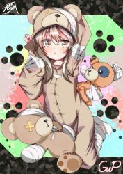 Rule 34 | 10s, 1girl, :o, absurdres, animal costume, arm behind head, bad id, bad pixiv id, bandages, bear costume, boko (girls und panzer), cast, commentary request, copyright name, full body, girls und panzer, hand on own head, highres, kneeling, light brown hair, long hair, looking at viewer, multicolored background, murata ryou, open mouth, pajamas, paw print, shimada arisu, socks, solo, stuffed animal, stuffed toy, teddy bear, white socks