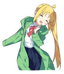 Rule 34 | 1girl, :d, ^ ^, ahoge, blonde hair, blue skirt, blush, bocchi the rock!, bow, bowtie, closed eyes, coat, collared shirt, commentary request, dress shirt, finger to mouth, green coat, highres, ijichi nijika, long hair, open clothes, open coat, open mouth, red bow, red bowtie, shirt, side ponytail, simple background, skirt, smile, solo, suta0822, very long hair, white background, white shirt