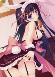 Rule 34 | 1girl, absurdres, animal ears, ass, bare shoulders, black hair, black panties, blush, breasts, carrot, dress, dutch angle, frills, from behind, garter straps, hair ornament, hairclip, head tilt, highres, holding, long hair, looking at viewer, looking back, maid headdress, miko (royal milk), original, panties, portrait (object), purple dress, purple eyes, rabbit ears, rabbit tail, saliva, scan, sexually suggestive, sideboob, silhouette, sleeveless, sleeveless dress, solo, tail, thighhighs, underwear, wainscoting, white thighhighs, wrist cuffs