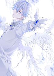 Rule 34 | 1boy, absurdres, angel, angel wings, arrow (projectile), ascot, blue eyes, blue theme, byuey, coat, crescent, highres, long sleeves, looking at viewer, male focus, open mouth, original, short hair, solo, teeth, white hair, white theme, wings