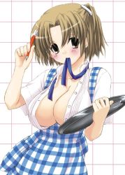 Rule 34 | 1girl, apron, blouse, breast on tray, breasts, brown eyes, brown hair, cleavage, gingham apron, grid background, hair ornament, hairclip, huge breasts, kobeya uniform, mechanical pencil, mouth hold, nakajima yuka, open clothes, open shirt, pencil, plaid, plaid apron, shirt, short hair, solo, textless version, tray, waitress, white shirt