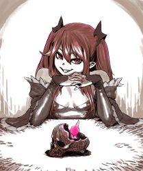 Rule 34 | 1girl, absurdres, archvermin, bare shoulders, breasts, candle, cleavage, dress, highres, krul tepes, long hair, looking at viewer, owari no seraph, pointy ears, red eyes, red hair, skull, small breasts, smile, solo, twintails