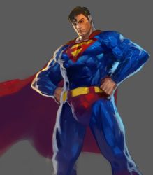 Rule 34 | 1boy, alien, belt, black hair, blue eyes, bodysuit, cape, dc comics, hands on own hips, jintetsu, kryptonian, male focus, muscular, red cape, s shield, solo, superman, superman (series)