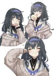 Rule 34 | 1girl, :o, absurdres, black hair, blue archive, blue eyes, bread, clenched hand, closed eyes, food, food on face, hairband, hand to own mouth, hand up, highres, jewelry, kilabo, long hair, messy hair, multiple views, neckerchief, open mouth, parted lips, pendant, purple hairband, purple neckerchief, sailor collar, school uniform, sidelocks, simple background, star (symbol), striped clothes, striped hairband, sweater, ui (blue archive), white background, white sailor collar