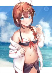 Rule 34 | 1girl, ahoge, bikini, black bikini, black sarong, blue eyes, blue sky, braid, breasts, brown hair, cloud, collarbone, cowboy shot, day, hair flaps, hair ornament, hair over shoulder, highres, jacket, kantai collection, long sleeves, mashiro aa, navel, ocean, official alternate costume, open clothes, open jacket, sailor bikini, sailor collar, sarong, shigure (kancolle), shigure kai ni (kancolle), single braid, sky, small breasts, solo, swimsuit, white jacket