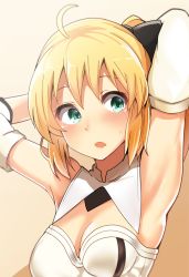 Rule 34 | 1girl, ahoge, arito arayuru, armpits, artoria pendragon (fate), bad id, bad pixiv id, blonde hair, blush, bow, fate/grand order, fate/unlimited codes, fate (series), green eyes, hair bow, highres, open mouth, ponytail, saber (fate), saber lily, solo, upper body