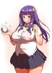 Rule 34 | 1girl, :q, bad id, bad pixiv id, blush, bowl, breasts, covered erect nipples, crescent, crescent hair ornament, hair ornament, large breasts, long hair, navel, nbo, nipples, patchouli knowledge, plump, purple eyes, purple hair, rice bowl, see-through, sketch, skirt, solo, standing, thighs, tongue, tongue out, touhou