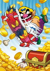 Rule 34 | 1boy, absurdres, big nose, coin, facial hair, garlic, gloves, gold coin, green footwear, hat, highres, motion lines, mustache, nintendo, official art, overalls, pointy ears, purple overalls, sack, shirt, thick eyebrows, third-party source, treasure, treasure chest, wario, wario land, wario land: shake it!, white gloves, yellow eyes, yellow hat, yellow shirt