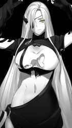 Rule 34 | 1girl, alchemist (girls&#039; frontline), arms up, breasts, cleavage, commentary, cowboy shot, dress, eyepatch, eyes visible through hair, frown, girls&#039; frontline, greyscale, hair over one eye, headgear, highres, large breasts, long hair, looking at viewer, midriff, monochrome, navel, sanderson, solo, spot color, torn clothes, torn dress, very long hair, white hair, yellow eyes