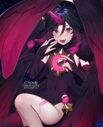 Rule 34 | 1boy, :d, black hair, black leotard, braid, bridal gauntlets, commentary, commission, dark persona, elbow gloves, english commentary, english text, fangs, fingernails, genshin impact, gloves, gradient wings, hand up, highres, knee up, lavelis, leotard, looking at viewer, male focus, multicolored wings, multiple wings, nail polish, navel, open mouth, pink nails, pink wings, purple eyes, side braids, single thighhigh, smile, solo, thighhighs, venti (archon) (genshin impact), venti (genshin impact), wings