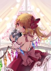Rule 34 | 1girl, blonde hair, bow, cherry blossoms, covered mouth, crystal, day, flandre scarlet, frills, highres, holding, indoors, looking at viewer, looking back, momoyama riyo, no headwear, no headwear, off shoulder, petticoat, puffy short sleeves, puffy sleeves, railing, red bow, red eyes, red ribbon, red skirt, red vest, ribbon, shirt, short sleeves, skirt, skirt set, solo, touhou, vest, window, wings, wrist cuffs