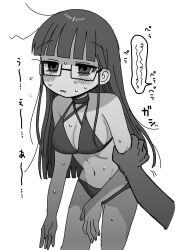 Rule 34 | 1girl, alternate costume, arm grab, bags under eyes, bikini, blunt bangs, blunt ends, blush, blush stickers, breasts, cleavage, commentary request, criss-cross halter, disembodied hand, ear blush, empty eyes, glasses, greyscale, groin, half-closed eyes, halterneck, highres, large breasts, leaning forward, long hair, looking at viewer, monochrome, nervous, parted lips, raised eyebrows, semi-rimless eyewear, shinigami dot com, simple background, solo focus, speech bubble, sweat, swimsuit, toukyou tama, translation request, yasashii naizou