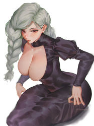 Rule 34 | 1girl, black eyes, braid, braided bangs, braided ponytail, breasts, cleavage, cleavage cutout, closed mouth, clothing cutout, dress, grey hair, hair over one eye, highres, invisible chair, jujutsu kaisen, juliet sleeves, large breasts, leaning forward, long hair, long sleeves, looking at viewer, mei mei (jujutsu kaisen), nail polish, puffy sleeves, purple dress, purple nails, red lips, sayanestia, simple background, sitting, skin tight, skindentation, solo, tight clothes, tight dress, turtleneck, turtleneck dress, twin braids, twitter username, white background