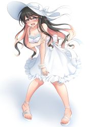 Rule 34 | 1girl, absurdres, alternate costume, black hair, bow, breasts, collarbone, dress, dress bow, embarrassed, fang, full body, hat, head tilt, highres, kantai collection, knees together feet apart, large breasts, long hair, makura (y makura), multicolored hair, naganami (kancolle), pink hair, sandals, simple background, sleeveless, sleeveless dress, solo, spaghetti strap, standing, sun hat, sundress, two-tone hair, wavy hair, white background, white dress, white footwear, white hat