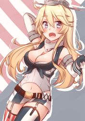 Rule 34 | 10s, 1girl, :d, american flag, american flag background, anchor symbol, armpits, asymmetrical legwear, bad id, bad pixiv id, bare shoulders, belt, black gloves, black shirt, blue skirt, blue thighhighs, blush, breasts, bridal garter, buckle, cleavage, clothes writing, cowboy shot, crop top, detached sleeves, fingerless gloves, front-tie top, garter straps, gloves, grey hat, hair between eyes, hat, highres, iowa (kancolle), jewelry, kantai collection, kapatarou, long hair, long sleeves, mismatched legwear, multicolored clothes, multicolored skirt, navel, neck ring, open clothes, open mouth, open shirt, peaked cap, purple eyes, red thighhighs, shirt, sidelocks, skirt, smile, solo, stomach, striped clothes, striped shirt, tareme, thighhighs, unbuttoned, very long hair, white skirt, white thighhighs, wrist cuffs, zettai ryouiki