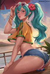 1girl aqua_hair ass beach bead_choker bikini_tan blue_eyes blush bracelet brazilian_miku breasts cloud commentary covered_erect_nipples cropped_shirt denim denim_shorts dildo dildo_reveal dildo_riding earrings english_commentary exlic eyewear_on_head female_masturbation flower gold_earrings gradient_sky hair_flower hair_ornament hatsune_miku highres jewelry large_breasts licking_lips long_hair looking_at_viewer masturbation midriff multiple_bracelets naughty_face no_bra no_panties object_insertion ocean open_mouth outdoors patreon_username petals plant pussy_juice pussy_juice_puddle rectangular_earrings sex_toy shirt short_shorts shorts sitting sky sun sunglasses sunset tan tanline tanline_peek tongue tongue_out twintails underboob vocaloid white-framed_eyewear yellow_shirt