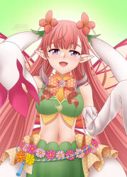 1girl :d amezuku animal_ears bare_shoulders crop_top detached_sleeves fairy fake_animal_ears fire_emblem fire_emblem_heroes flower green_background highres long_hair long_sleeves looking_at_viewer midriff mirabilis_(fire_emblem) mirabilis_(spring)_(fire_emblem) navel nintendo official_alternate_costume open_mouth pink_hair pointy_ears purple_eyes rabbit_ears sleeves_past_fingers sleeves_past_wrists smile solo twintails twitter_username very_long_hair wide_sleeves