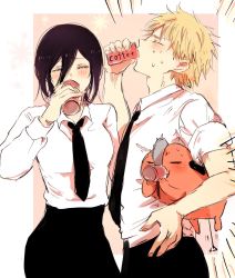 Rule 34 | 1boy, 1girl, 1other, black hair, black necktie, black pants, black skirt, blonde hair, blush, border, breasts, can, chainsaw, chainsaw man, closed eyes, closed mouth, coffee, collared shirt, colored skin, denji (chainsaw man), drink, drink can, drinking, fingernails, floral background, flower, glass, hair between eyes, hand on own hip, hands up, highres, long sleeves, medium breasts, necktie, outside border, pants, pet, pink background, pink flower, pink skin, pochita (chainsaw man), reze (chainsaw man), shirt, short hair, simple background, skirt, soda can, standing, sweat, sweatdrop, v-shaped eyebrows, wata meamai, white border, white shirt, yellow flower