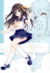 Rule 34 | 1girl, absurdres, blue eyes, blue footwear, blue skirt, bow, brown hair, full body, hair bow, hand up, highres, mary janes, mochizuki shiina, open mouth, original, pleated skirt, scan, school uniform, shiny skin, shoes, short sleeves, simple background, skirt, smile, socks, solo, stats, thighs, white socks, yellow bow