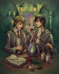 Rule 34 | 2boys, black hair, book, bottle, brown hair, cauldron, closed eyes, closed mouth, eyelashes, harry potter (series), highres, hogwarts school uniform, holding, holding wand, looking at another, male focus, multiple boys, necktie, parted lips, potion, quill, remus lupin, robe, school uniform, short hair, sirius black, smile, smoke, striped necktie, striped neckwear, uniform, wand, window, wizarding world